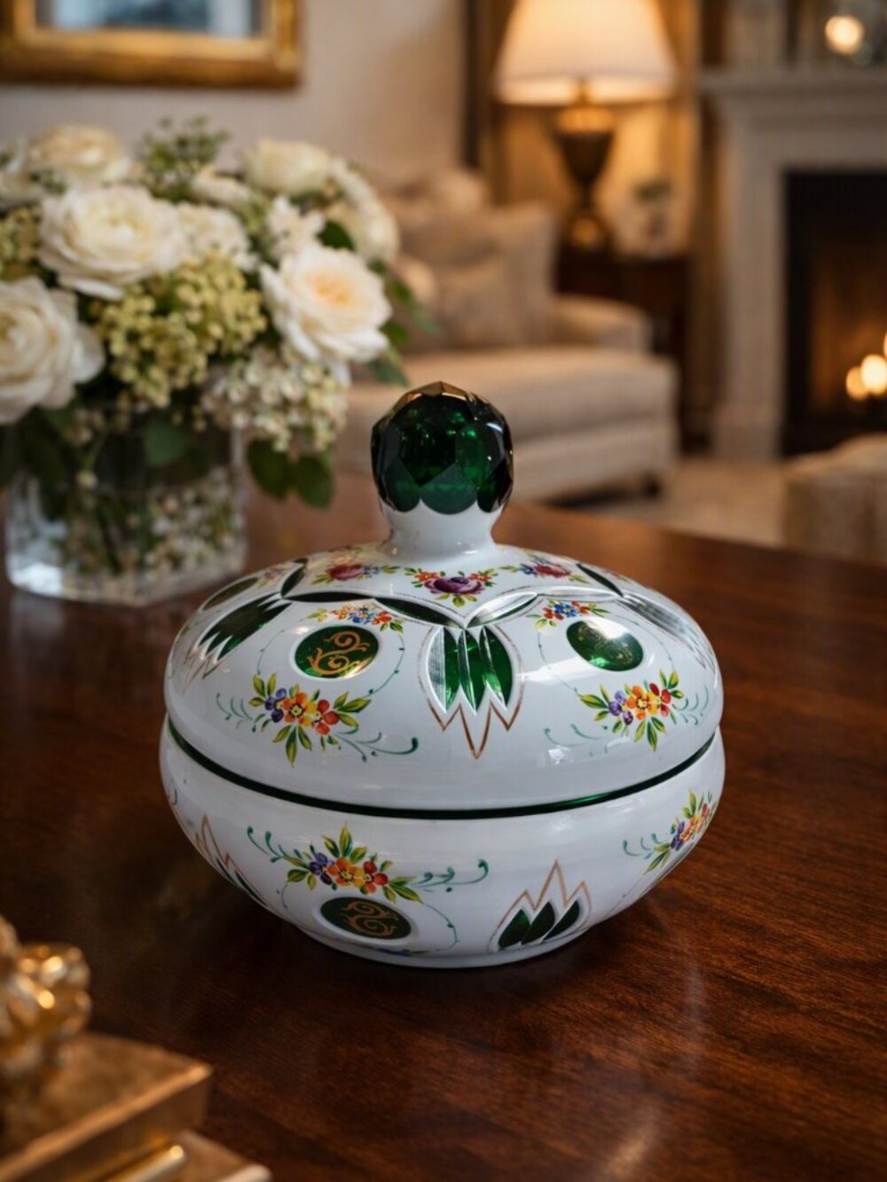 Vintage Bohemian Czech White Overlay Cut-to-Green Glass Lidded Dish